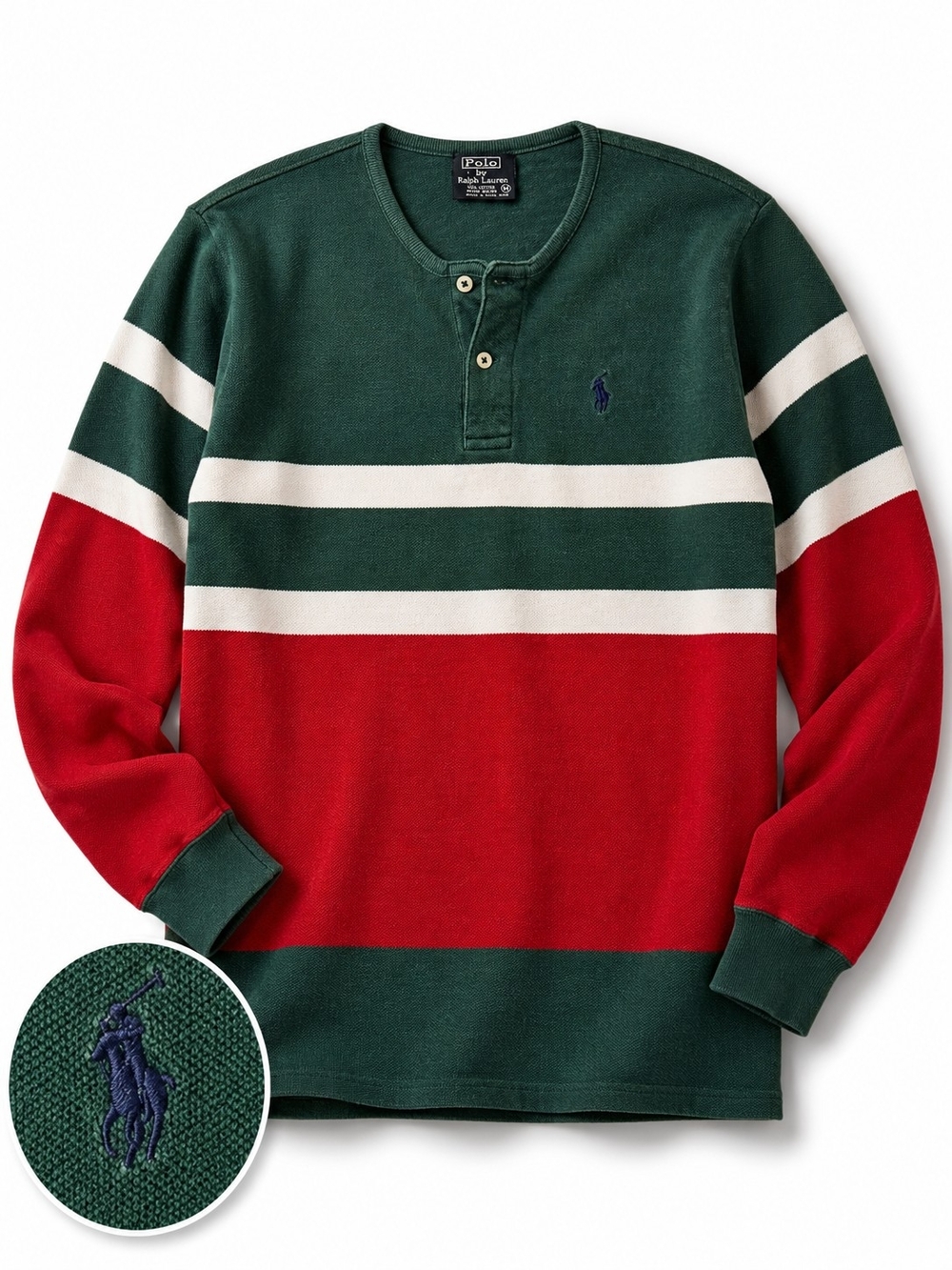 Vintage Polo Ralph Lauren Men's M Color Block Henley Green Red Striped Shirt